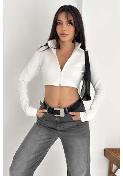 Kadın Fermuarlı Crop Ceket Dinamik & Modern Stil Beyaz
