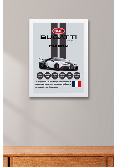 Bugatti Chiron Hiper Araba Tablosu - Teknik Özellikli Otomobil Poster - Çerçeveli Duvar Dekoru Beyaz