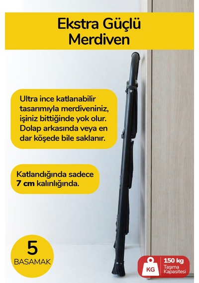 İronika 5 Basamaklı Katlanır Metal Merdiven Sağlam Gövde Dekoratif Geniş Basamaklı Ev & İş Merdiveni