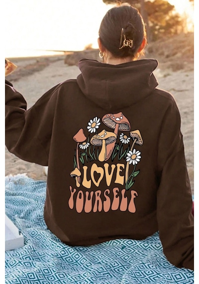 Uyguntarz Unisex Oversize Love Yourself Baskılı Sweatshirt Kahverengi