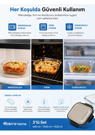 3 Lü Dikdörtgen Cam Saklama Kabı Seti 640 Ml + 1040 Ml + 1520 Ml İnoks Kapaklı Kilitli Yemek Kabı Şeffaf