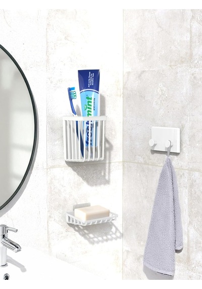 Banyor 6'lı Banyo Seti Yapışkanlı Banyo Düzenleyici Şampuanlık Diş Fırçalık Sabunluk Askılık Ta Beyaz