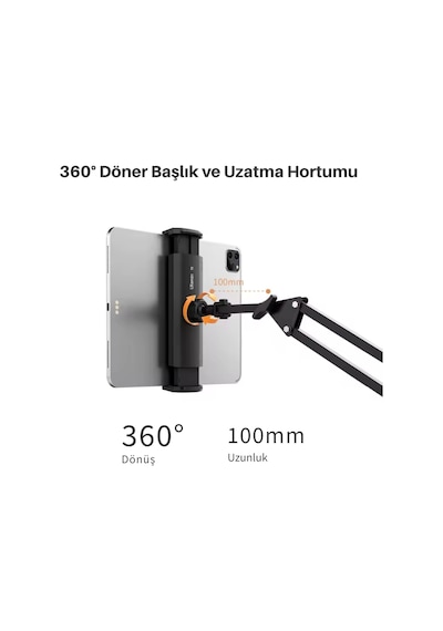 Shopytech Metal 360 Uzun Kol Tablet/telefon Standı Kelepçeli Masa/yatak Başlığı Tutucu 6 -12.9 Uyum 1 Adet