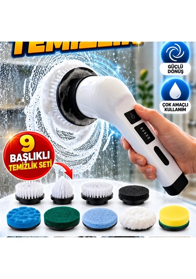 Elektrikli Döner Temizlik Fırçası 9 Başlıklı Kablosuz Şarjlı Çok Amaçlı Temizlik Seti