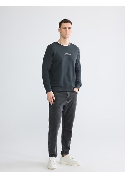 Lcwaıkıkı Classic Antrasit Bisiklet Yaka Baskılı Erkek Sweatshirt