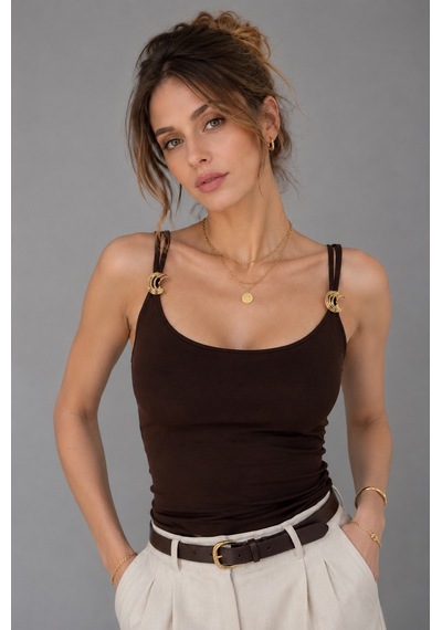 Wild Bee Kadın Kahverengi Aksesuar Detaylı İp Askılı Slim Fit Bluz