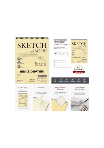 Sahra A4 Spiralli Eskiz Defteri 50 Yaprak, 90 Gr İnce Dokulu Ivory Kağıt Sketchbook, Çizim Ve Boyama Defteri