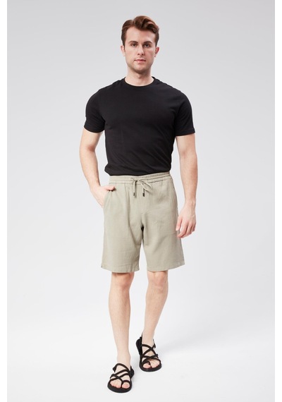 Braccas Erkek Beli Lastikli Bağcıklı Keten Karışımlı Slim Fit Jogger Şort Yeşil Yeşil