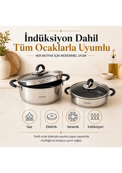 8 Parça Paslanmaz Çelik Tencere Seti İndüksiyon Ocak Uyumlu, Süzgeç Kapaklı Gümüş