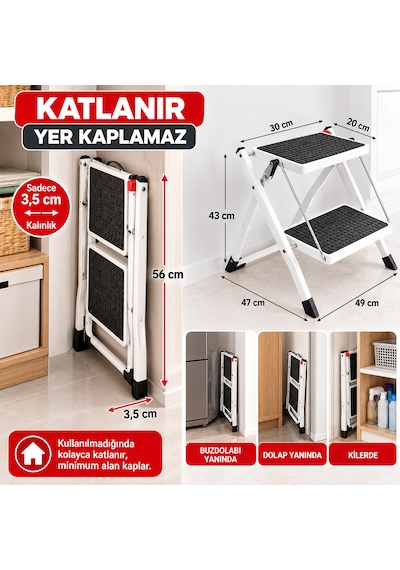 2 Basamaklı Katlanır Merdiven 150 Kg Taşıma Kapasiteli Kaymaz Geniş Basamaklı Yer Kaplamaz Beyaz