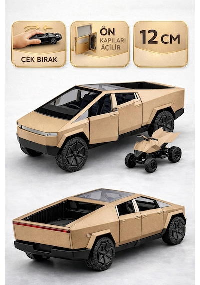 Die Cast Çek Bırak Metal Tesla Cybertruck Atv Li Model Araba 12 Cm Açılır Kapılı Gold