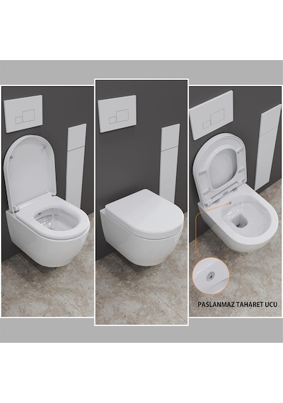 Aqua Bagno Cocon 2.0 Kanalsız Asma Klozet 49 Cm Yavaş Kapanır Kapaklı 2 Parça Set Beyaz Beyaz