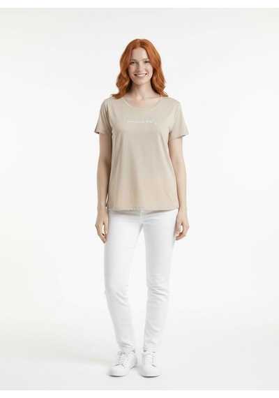 Neden Tekstil Bej Kadın Basic T-shirt Yuvarlak Yaka Kısa Kol