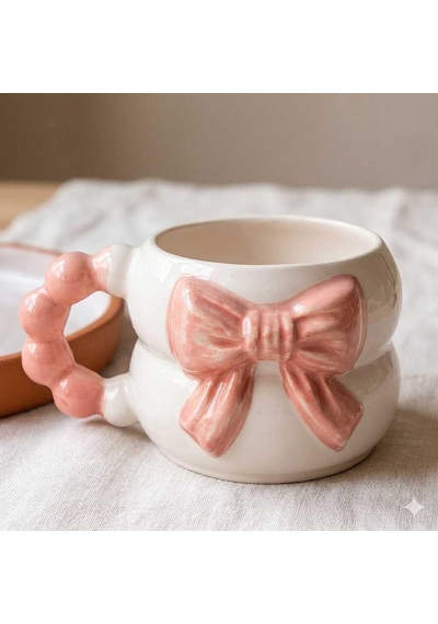 Pembe Fiyonk Kupa 3d Kabartmalı El Yapımı Krem Parlak- El İşçiliği 3d Hediyelik Beyaz - Çok Renkli