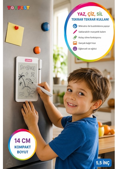 Manyetik Mini Sihirli Yazı Tahtası Silinebilir Lcd Yazı Tableti Mıknatıslı Kalemli 14 Cm Beyaz