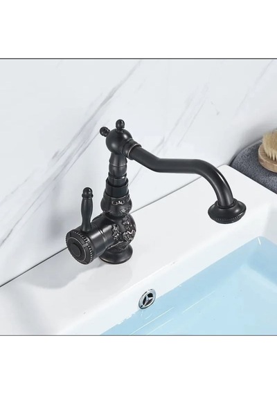 İsaoğlu Yapı Siyah Lavabo Bataryası İşlemeli Premium Tasarım Lavabo Musluğu Rustik Tasarım Banyo Bataryası Siyah Siyah