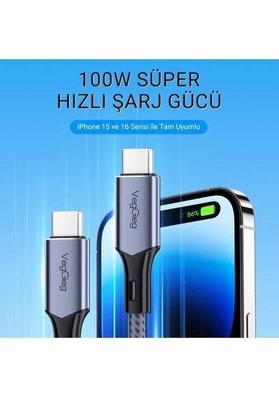 Veggieg 100w 5a E-mark Çipli Pd Type-c To Type-c Hızlı Şarj Ve Data Kablosu 2 Metre