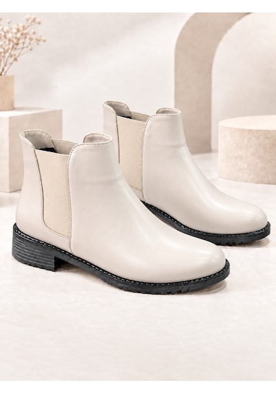 Dabab Shoes Maral Kadın Bej Cilt Yuvarlak Burun Lastik Detaylı 3 Cm Topuklu Kaymaz Taban Chelsea Bot Bootie