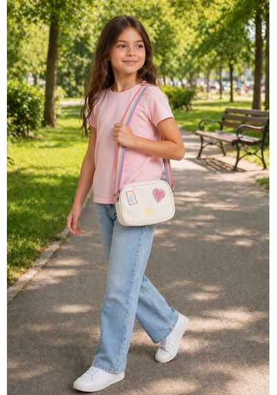 İcone Bag Denim Nakışlı Kız Çocuk Omuz Çantası, Denim İşlemeli Kız Çocuk Çantası, Kot Çocuk Çanta Beyaz