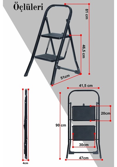 Minitower 2 Basamaklı Metal Merdiven - Ekstra Güçlü Siyah