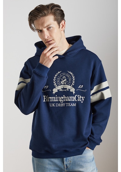 Grimelange Torrey Erkek Örme 3 Iplik Regular Fit Standart Kalıp Baskılı Kapüşonlu Lacivert Sweatshirt