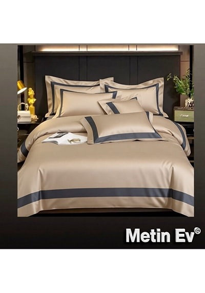 %100 Pamuk Saten 6 Parça Tek Kişilik Premium Nevresim Takımı Bej