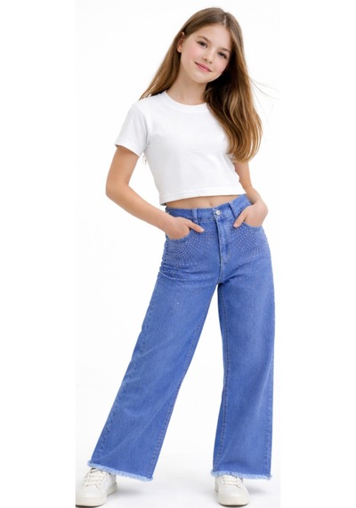 Irem Kız Çocuk Cep Üzeri Salaş Taş Baskılı Bol Paça Model Paçası Püskül Detaylı Mavi Renk Kot Pantolon Mavi Irem Kız Çocuk Cep Üzeri Salaş Taş Baskılı Bol Paça Model Paçası Püskül Detaylı Mavi Renk Kot Pantolon Mavi