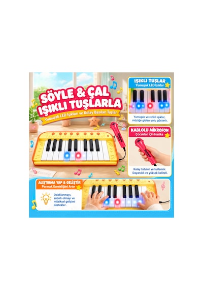 Işıklı Ve Mikrofonlu Eğitici Çocuk Piyanosu - Eğlenceli Klavye 3+ Yaş