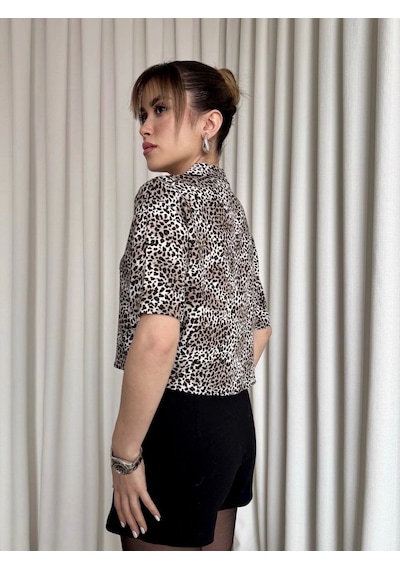 Kazax Leopar Desenli Crop Gömlek Kahve