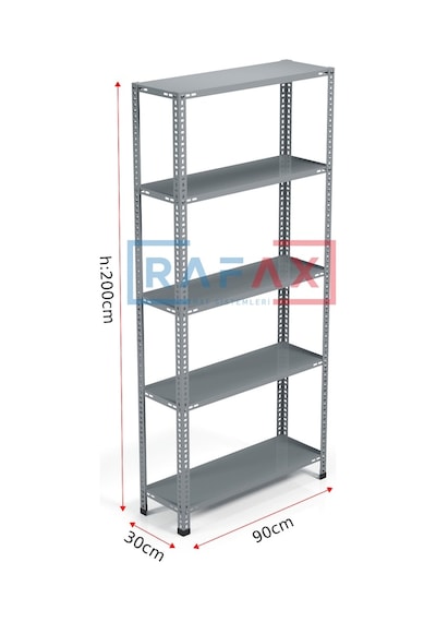 Rafax , 30x90xH:200 5 Raflı Çelik Raf, Depo Rafı, Arşiv Rafı Gri