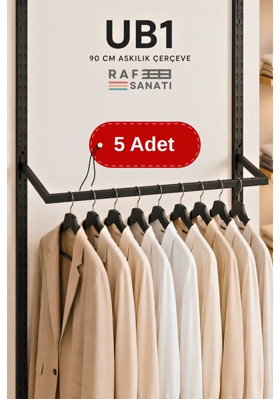 5 Adet - Ub1 90 Cm U Tipi Mağaza Askılığı 30 Cm Derinlik 40 Hatve - Konik Dikme Profil Uyumlu Elbise Askı Taşıyıcı Siyah
