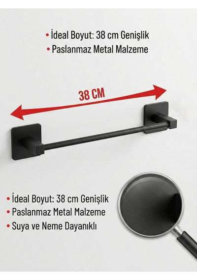 Yapışkanlı Siyah Paslanmaz Metal Banyo Havluluk 38 Cm - Modern Havlu Askısı Siyah Diğer