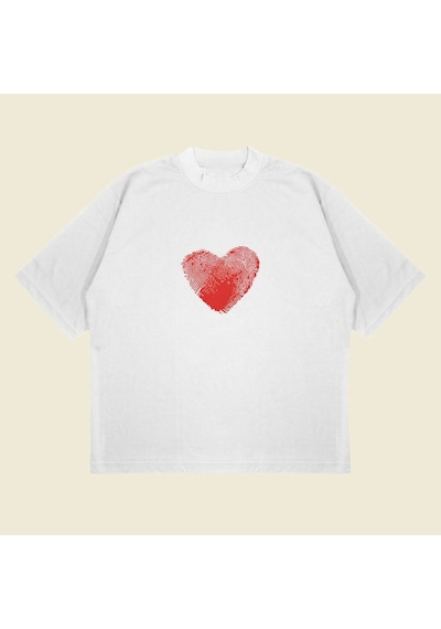 Startmore Heartprint Baskılı Oversize Unisex Pamuklu Nefes Alan Kalın Kumaşlı Beyaz