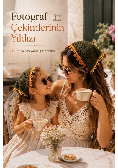 Anne Kız Kombin Bandana El Örgüsü Saç Bandı Bohem Stil Ayarlanabilir 2li Set Haki