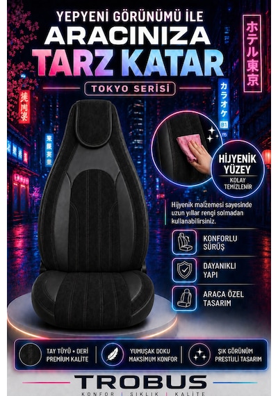 Fiat Albea 2002-2012 Bel Destekli Tay Tüyü Koltuk Kılıfı Tokyo Serisi Siyah