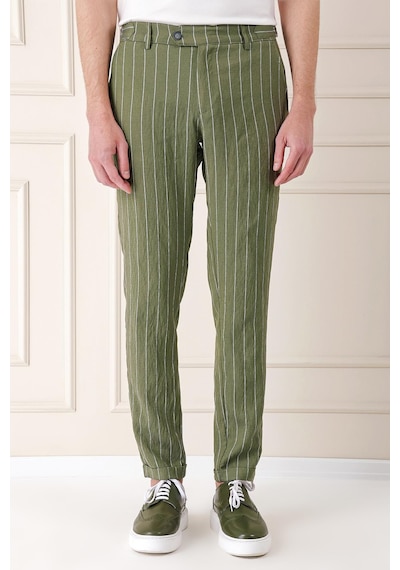 Efor Comfort Fit Yandan Tokalı Çizgili Keten Casual Haki Pantolon P 1151 Haki