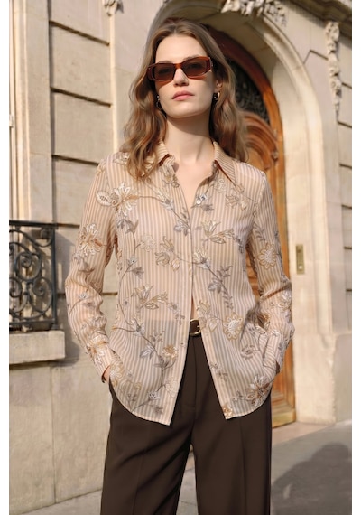 Sateen Çizgi Ve Çiçek Desenli Gömlek - Kahve-137458