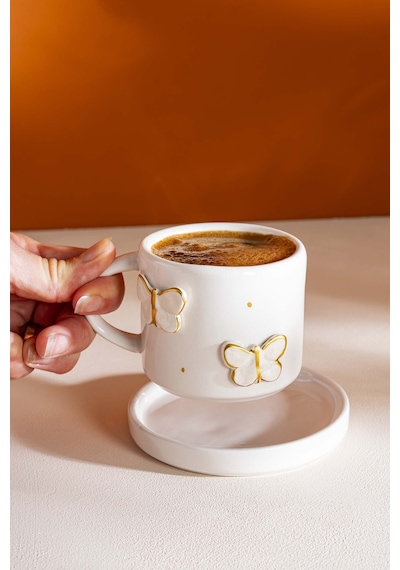 Rivaistanbul Gold Kelebek Amore El Yapımı Seramik Double Kahve Fincanı Mug Kupa Krem