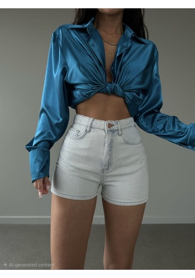 HerTon Kadın Yüksek Bel Çizgili Mini Kot Şort - Yazlık Slim Fit Jean Şort Denim