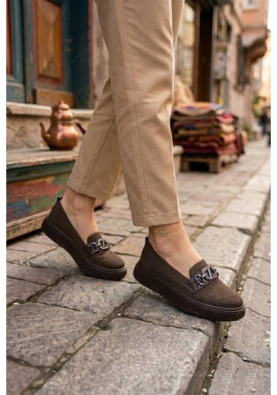 Fort Ventes 346417 Rahat Taş Toka Aksesuarlı Triko Loafer Kadın Ayakkabı Kahverengi