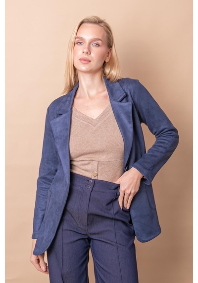 Kadın Hafif Likralı Süet Kumaş Cep Detaylı Düğmeli Blazer Hafif Uzun Ceket-lacivert Lacivert Kadın Hafif Likralı Süet Kumaş Cep Detaylı Düğmeli Blazer Hafif Uzun Ceket-lacivert Lacivert