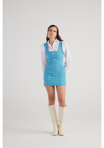 Holly Lolly Metal Düğme Detaylı Mini Tüvit Tweed Elbise Mavi