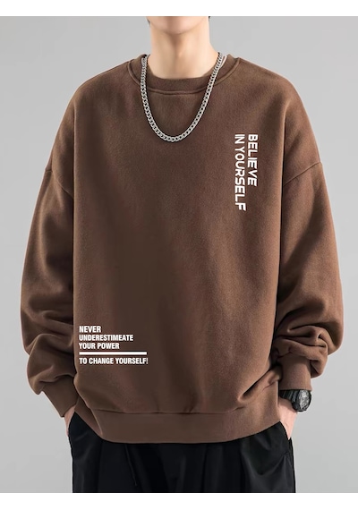 Erkek Believe Baskılı Oversize Bisiklet Yaka Sweatshirt Kahverengi