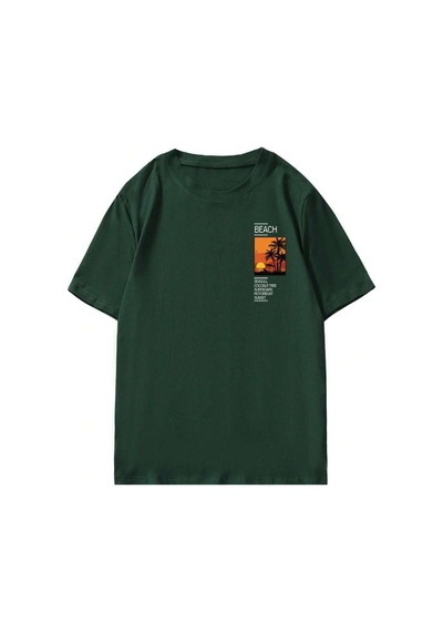 T-shirt - Beach Baskılı Oversize Bisiklet Yaka Kısa Kol Tişört Yeşil