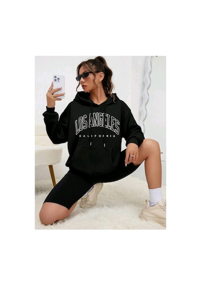 Magors Stıl-x Los Angeles Baskılı, %100 Pamuklu, Oversıze, Kapüşonlu Kadın Sweatshırt Siyah Magors Stıl-x Los Angeles Baskılı, %100 Pamuklu, Oversıze, Kapüşonlu Kadın Sweatshırt Siyah
