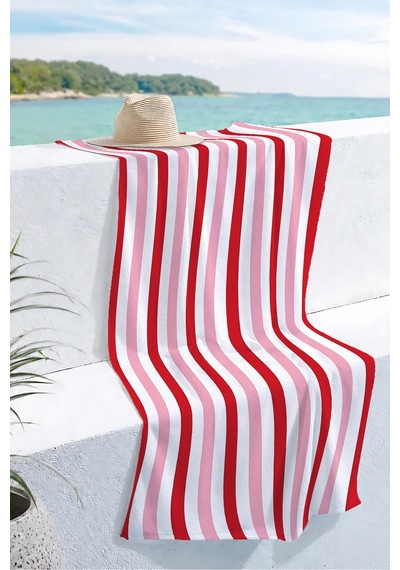 Çizgili Kırmızı Pembe Beyaz Plaj Havlusu - Modern Marine Stil Hızlı Kuruyan Mikrofiber Havlu Sessiz Köpüğü