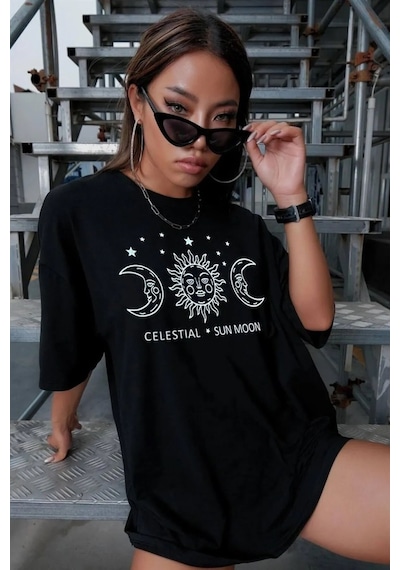 Unisex Sun Moon Evren Temalı Tasarım Tshirt SIYAH