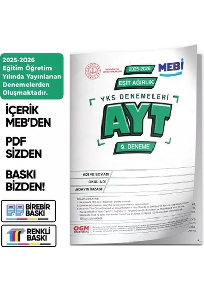 2026 Ösym Yks-ayt Sözel Meb Online Türkiye Geneli 9. Deneme Büyük Boy Renkli Baskı Ücreti