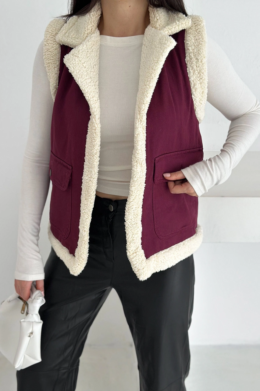 Noa & Noa Kadın Peluş Kenarlı Cepli Yelek Kontrastlı & Kışlık Stil Bordo