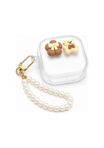 Samsung Galaxy Buds 4 / Buds 4 Pro İle Uyumlu Teddy 3d Ayıcıklı Şeffaf Kulaklık Kılıfı İnci Askılı, Altın Renk Karabinalı, Çiçek Figürlü Koruyucu Kulaklık Kabı